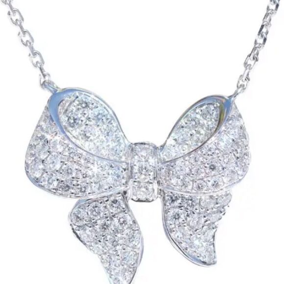 925 Sterling Silver Diamond Bow Pendant Necklace New in Gift Box - Picture 1 of 7